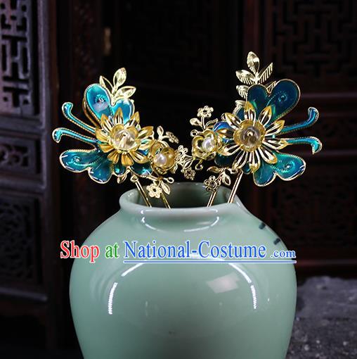 Traditional Chinese Handmade Blue Butterfly Hairpins Headdress Ancient Hanfu Hair Accessories for Women