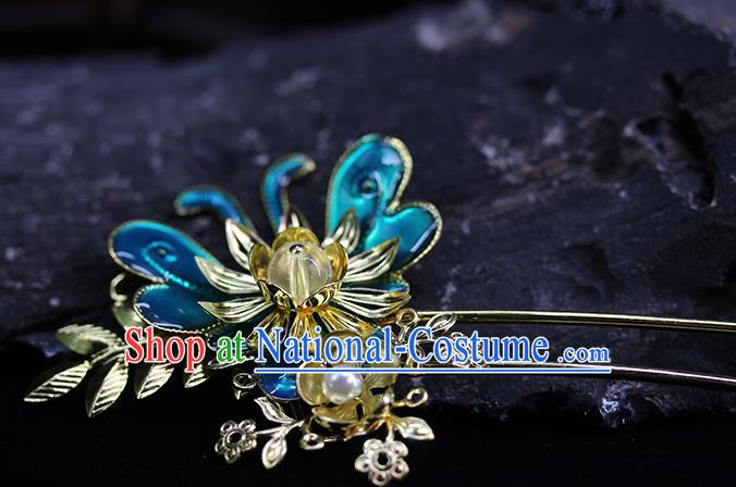 Traditional Chinese Handmade Blue Butterfly Hairpins Headdress Ancient Hanfu Hair Accessories for Women