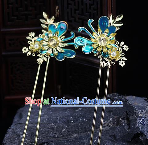 Traditional Chinese Handmade Blue Butterfly Hairpins Headdress Ancient Hanfu Hair Accessories for Women