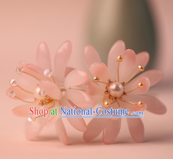 Traditional Chinese Handmade Pink Glass Flower Hairpin Headdress Ancient Hanfu Hair Accessories for Women