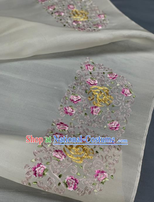 Asian Chinese Traditional Embroidered Peony Pattern Design White Silk Fabric Hanfu Material