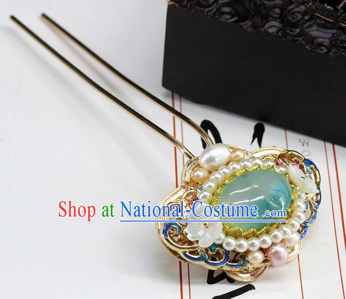 Traditional Chinese Handmade Pearls Jade Hairpin Headdress Ancient Hanfu Hair Accessories for Women