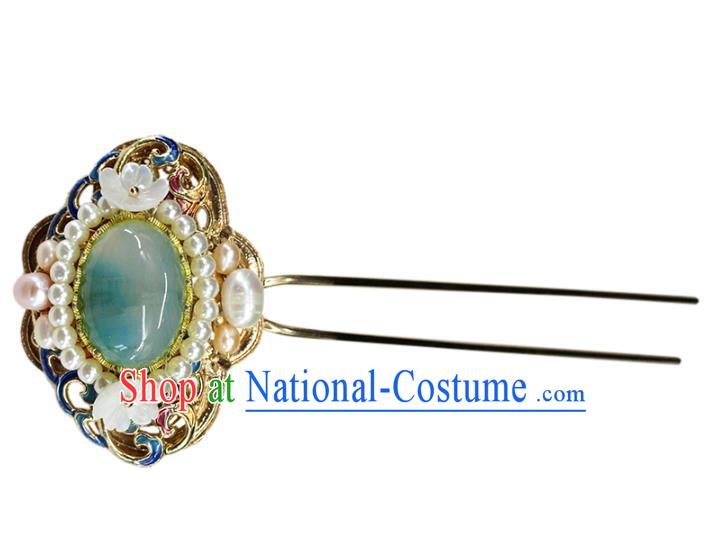 Traditional Chinese Handmade Pearls Jade Hairpin Headdress Ancient Hanfu Hair Accessories for Women