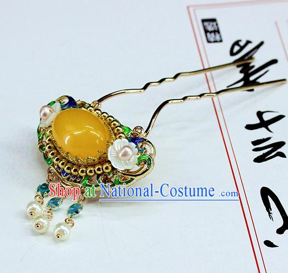 Traditional Chinese Handmade Yellow Chalcedony Hairpin Headdress Ancient Hanfu Hair Accessories for Women