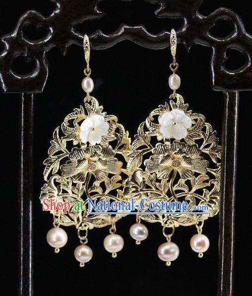 Traditional Chinese Handmade Brass Lotus Earrings Ancient Hanfu Ear Accessories for Women