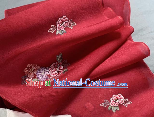 Chinese Traditional Classical Embroidered Peony Pattern Design Red Silk Fabric Asian Hanfu Material