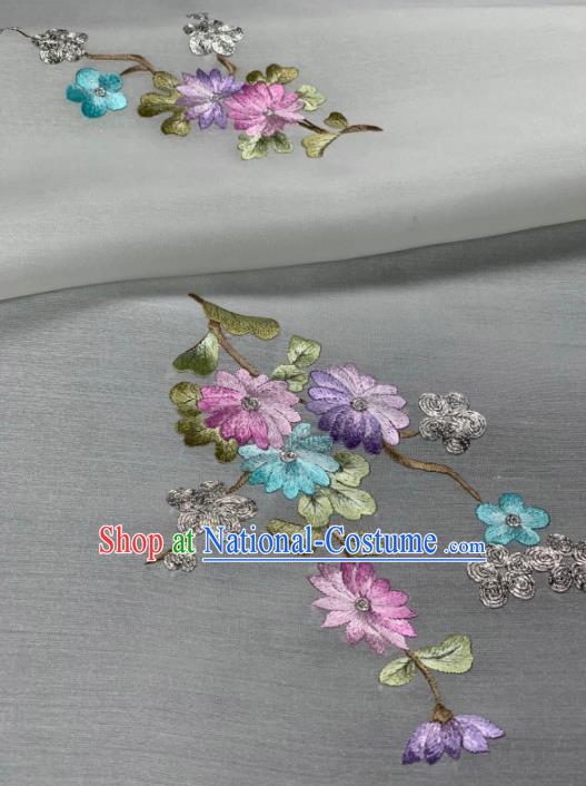 Asian Chinese Traditional Embroidered Chrysanthemum Pattern Design White Silk Fabric Hanfu Material