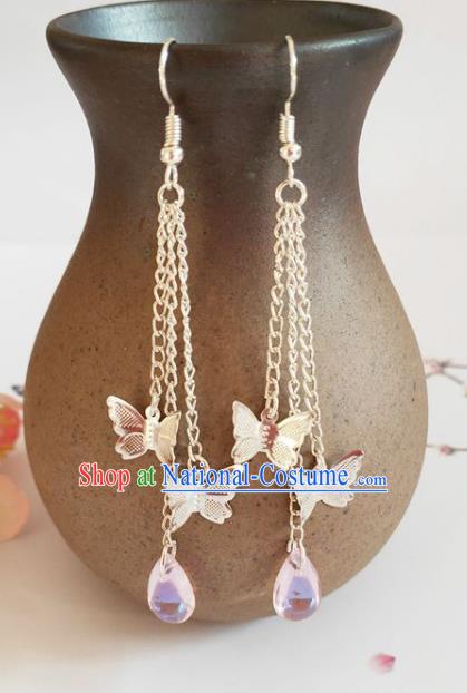 Traditional Chinese Handmade Pink Water Drop Butterfly Earrings Ancient Hanfu Ear Accessories for Women