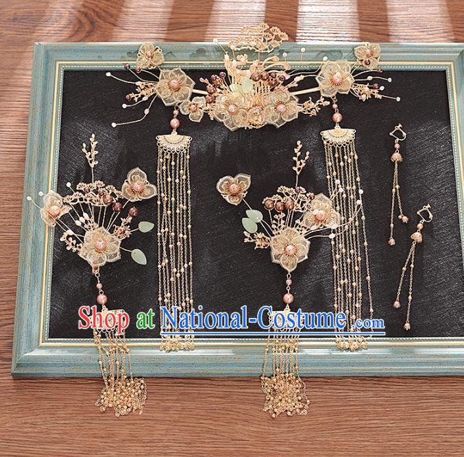 Traditional Chinese Bride Golden Pine and Hairpins Headdress Ancient Wedding Hair Accessories for Women