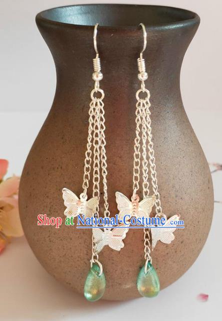 Traditional Chinese Handmade Green Water Drop Butterfly Earrings Ancient Hanfu Ear Accessories for Women