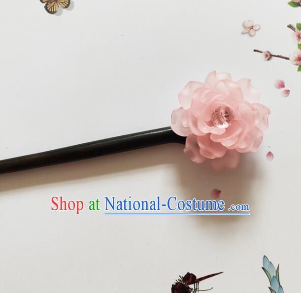 Traditional Chinese Pink Peony Ebony Hairpin Headdress Ancient Court Hair Accessories for Women