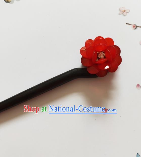 Traditional Chinese Red Peony Ebony Hairpin Headdress Ancient Court Hair Accessories for Women