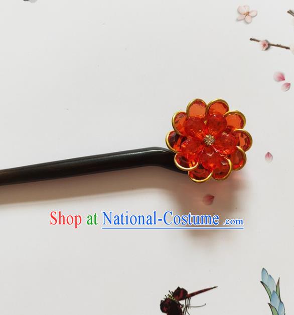 Traditional Chinese Red Crystal Peony Ebony Hairpin Headdress Ancient Court Hair Accessories for Women