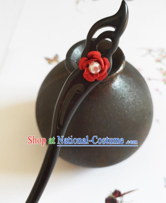 Traditional Chinese Red Rose Ebony Hairpin Headdress Ancient Court Hair Accessories for Women