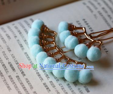 Traditional Chinese Ming Dynasty Blue Pompon Hairpins Headdress Ancient Court Hair Accessories for Women