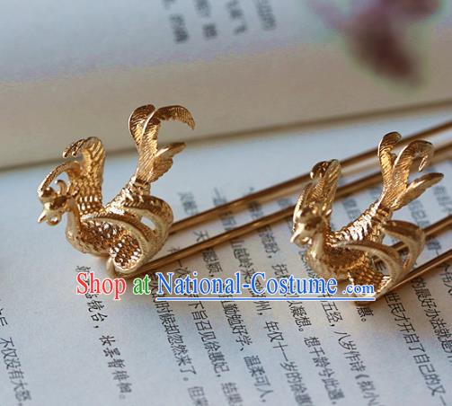 Traditional Chinese Ming Dynasty Golden Phoenix Hairpins Headdress Ancient Court Hair Accessories for Women