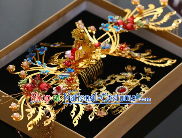 Traditional Chinese Ming Dynasty Golden Hair Comb and Hairpins Headdress Ancient Court Hair Accessories for Women