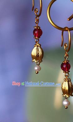 Traditional Chinese Handmade Golden Tulip Earrings Ancient Hanfu Ear Accessories for Women