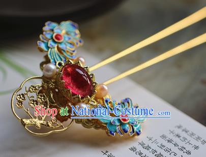 Traditional Chinese Palace Cloisonne Garnet Hairpin Headdress Ancient Court Hair Accessories for Women