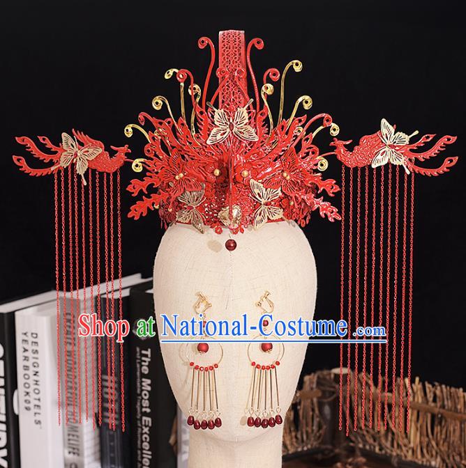 Traditional Chinese Bride Butterfly Red Phoenix Coronet Headdress Ancient Wedding Hair Accessories for Women