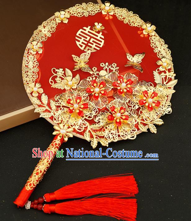 Traditional Chinese Classical Red Round Fans Ancient Hanfu Wedding Palace Fan for Women