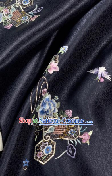 Chinese Traditional Embroidered Crane Flowers Pattern Design Black Silk Fabric Asian Hanfu Material