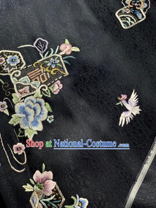 Chinese Traditional Embroidered Crane Flowers Pattern Design Black Silk Fabric Asian Hanfu Material