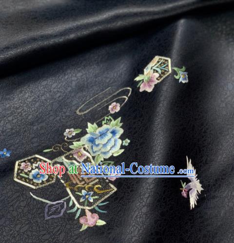 Chinese Traditional Embroidered Crane Flowers Pattern Design Black Silk Fabric Asian Hanfu Material