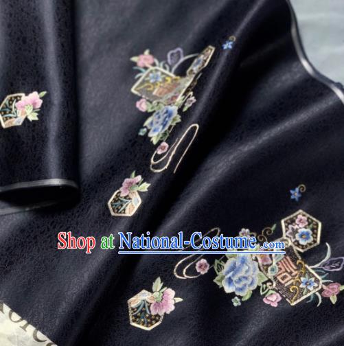 Chinese Traditional Embroidered Crane Flowers Pattern Design Black Silk Fabric Asian Hanfu Material