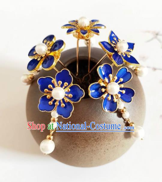 Traditional Chinese Little Royalblue Plum Blossom Hairpins Headdress Ancient Court Hair Accessories for Women