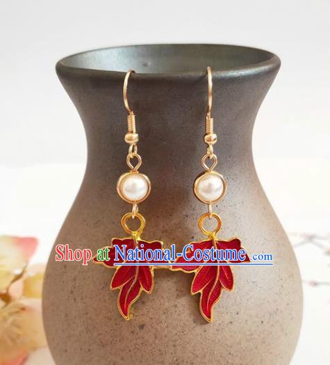 Traditional Chinese Handmade Red Maple Leaf Earrings Ancient Hanfu Ear Accessories for Women