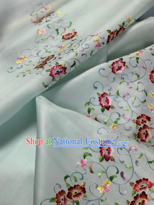 Chinese Traditional Embroidered Flowers Pattern Design Light Green Silk Fabric Asian Hanfu Material