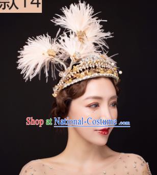 Traditional Chinese Stage Show Feather Golden Royal Crown Headdress Handmade Catwalks Hair Accessories for Women