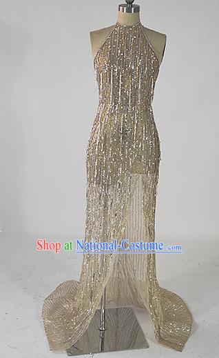 Top Grade Modern Dance Golden Paillette Full Dress Catwalks Compere Costume for Women