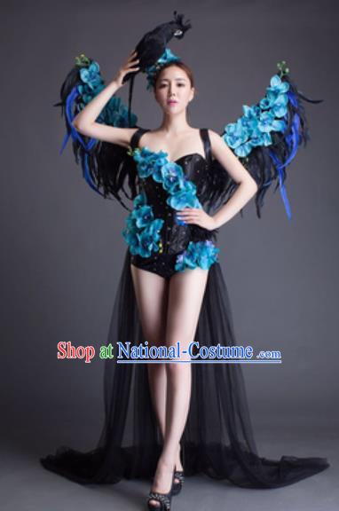 Top Grade Modern Dance Black Feather Wings Dress Catwalks Compere Costume for Women