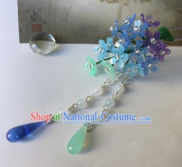 Traditional Chinese Bride Blue Flowers Tassel Hairpin Headdress Ancient Court Hair Accessories for Women