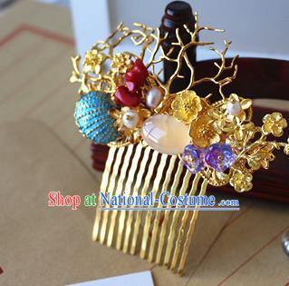 Traditional Chinese Bride Golden Plum Blossom Hair Comb Headdress Ancient Court Hair Accessories for Women