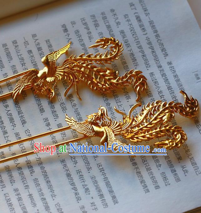 Traditional Chinese Bride Golden Phoenix Hair Clip Hairpin Headdress Ancient Court Hair Accessories for Women