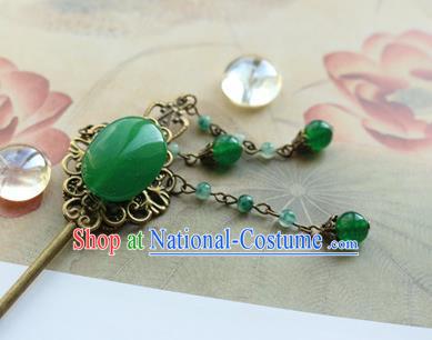 Traditional Chinese Bride Green Beads Retro Hairpin Headdress Ancient Court Hair Accessories for Women