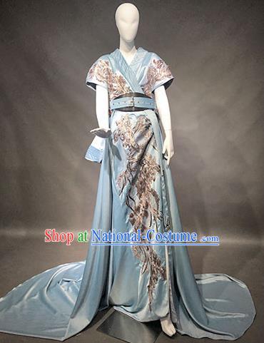 Top Grade Modern Dance Compere Blue Full Dress Catwalks Embroidered Costume for Women