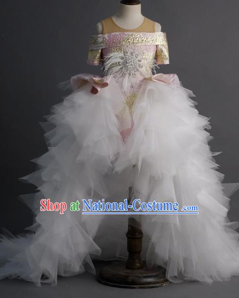 Top Children Cosplay Princess White Veil Trailing Full Dress Catwalks Compere Stage Show Dance Costume for Kids