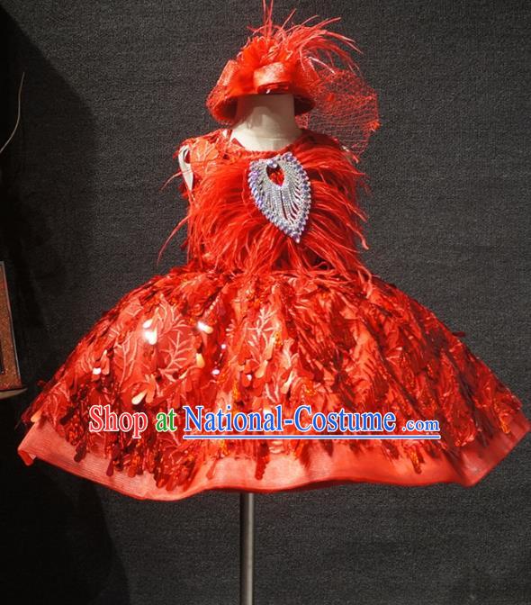 Top Children Kindergarten Performance Red Feather Short Dress Catwalks Stage Show Birthday Costume for Kids