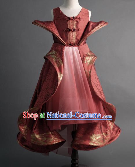 Traditional Chinese Catwalks Red Tang Suit Dress Compere Stage Performance Costume for Kids