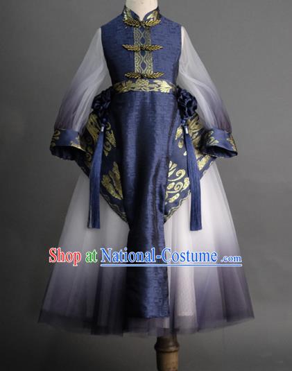 Traditional Chinese Catwalks Tang Suit Navy Dress Compere Stage Performance Costume for Kids