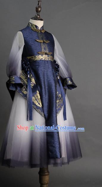 Traditional Chinese Catwalks Tang Suit Navy Dress Compere Stage Performance Costume for Kids