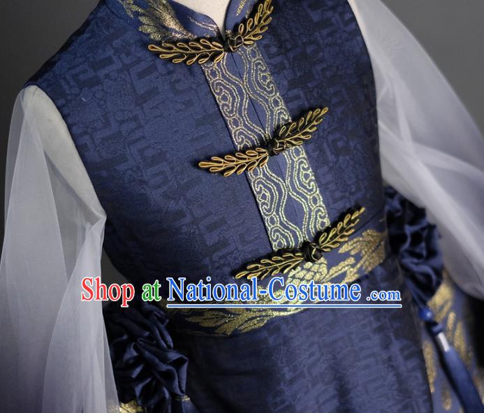 Traditional Chinese Catwalks Tang Suit Navy Dress Compere Stage Performance Costume for Kids