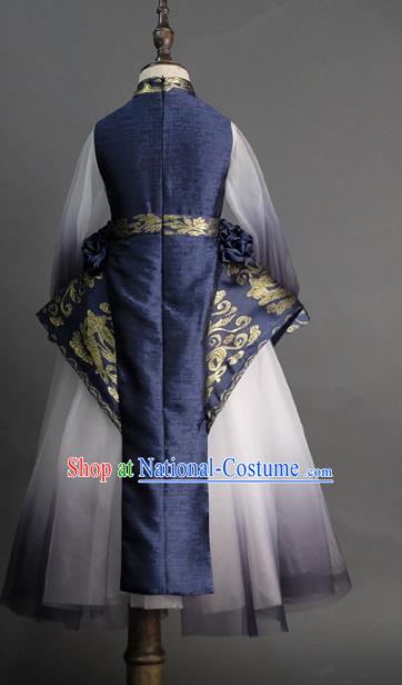 Traditional Chinese Catwalks Tang Suit Navy Dress Compere Stage Performance Costume for Kids