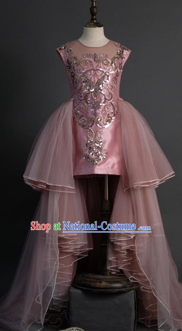 Top Children Fairy Princess Pink Veil Trailing Full Dress Compere Catwalks Stage Show Dance Costume for Kids