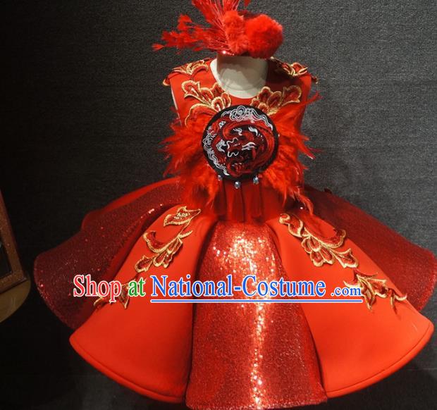 Traditional Chinese Compere Embroidered Red Short Dress Catwalks Stage Show Costume for Kids