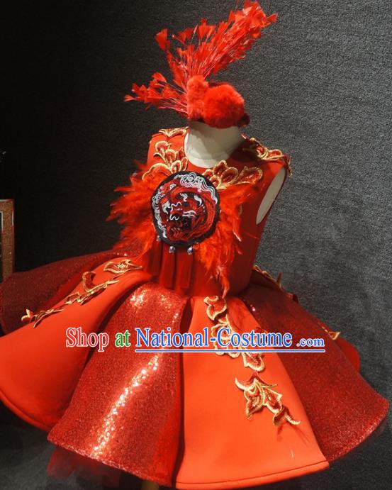 Traditional Chinese Compere Embroidered Red Short Dress Catwalks Stage Show Costume for Kids